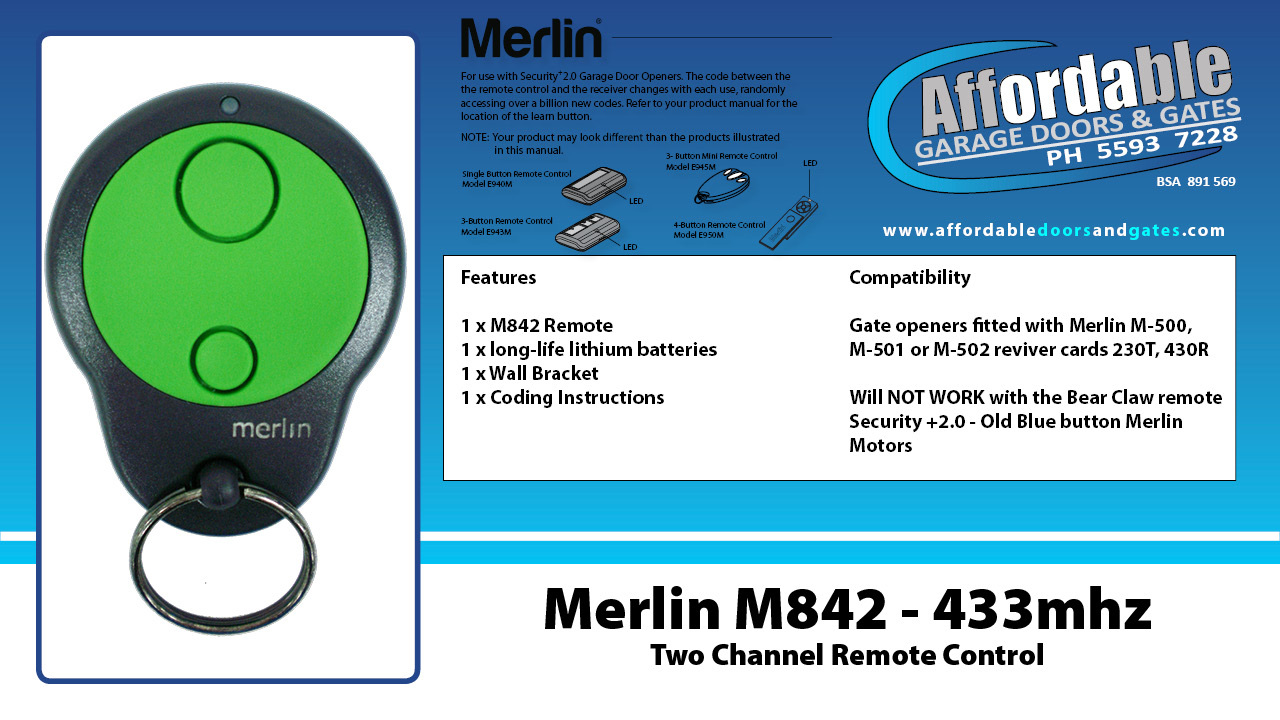 Merlin M842 433mhz Two Channel Remote Control