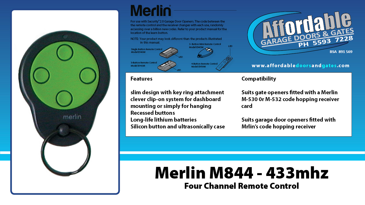 Merlin M844 - 433mhz Four Channel Garage Door Remote Controll 