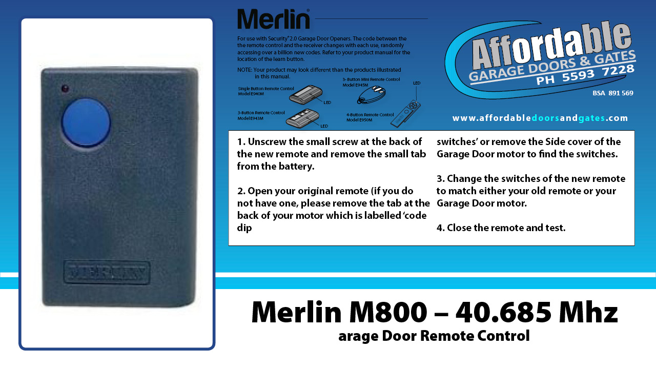 Merlin M800 – 40.685 Mhz Garage Door Remote Control