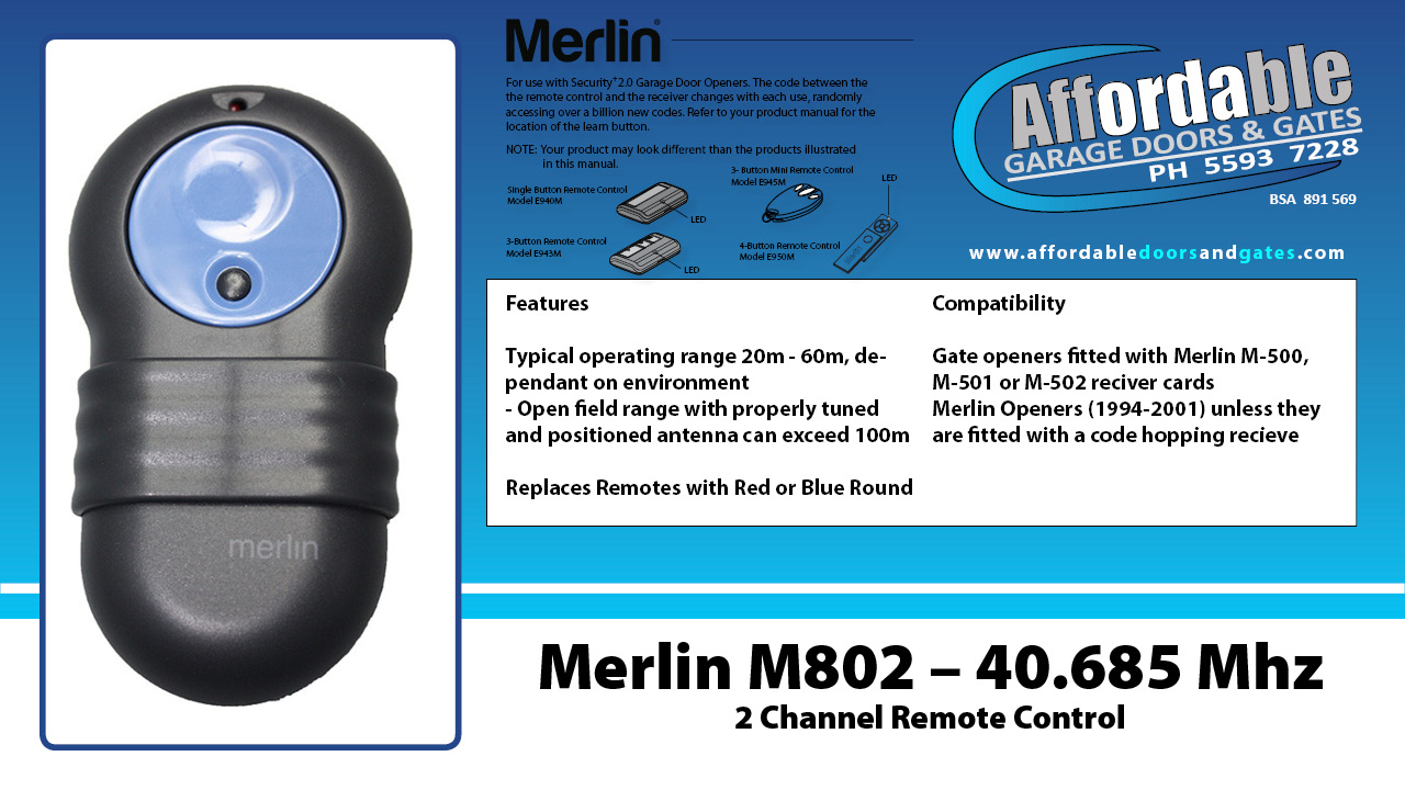 Merlin M802 – 2 Channel 40.685 Mhz Garage Door Remote Control