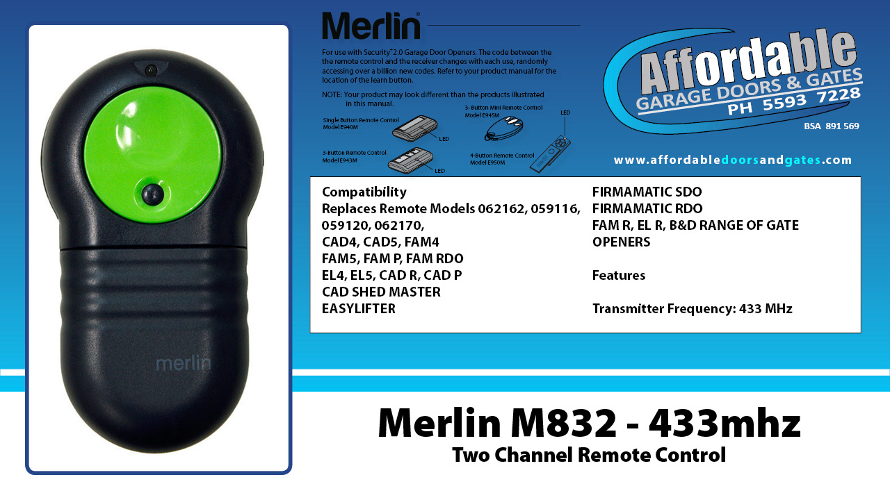 Merlin M832 - 433mhz Two Channel Remote Control 