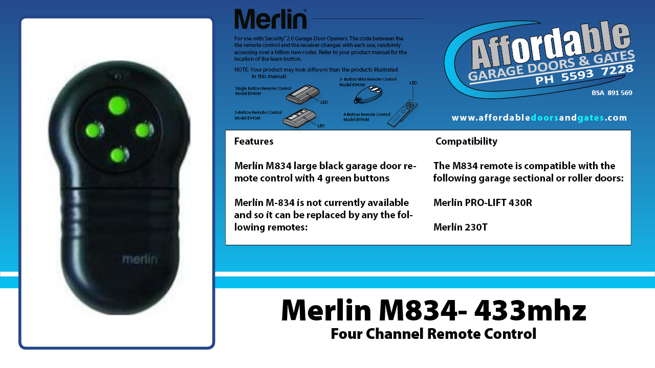 Merlin M834 - 433mhz Four Channel Garage Door Remote Control 